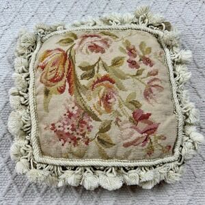 Vintage Hand Needlepoint Floral Rose Wool Pillow Velvet Back Tassel Fringe 12x12